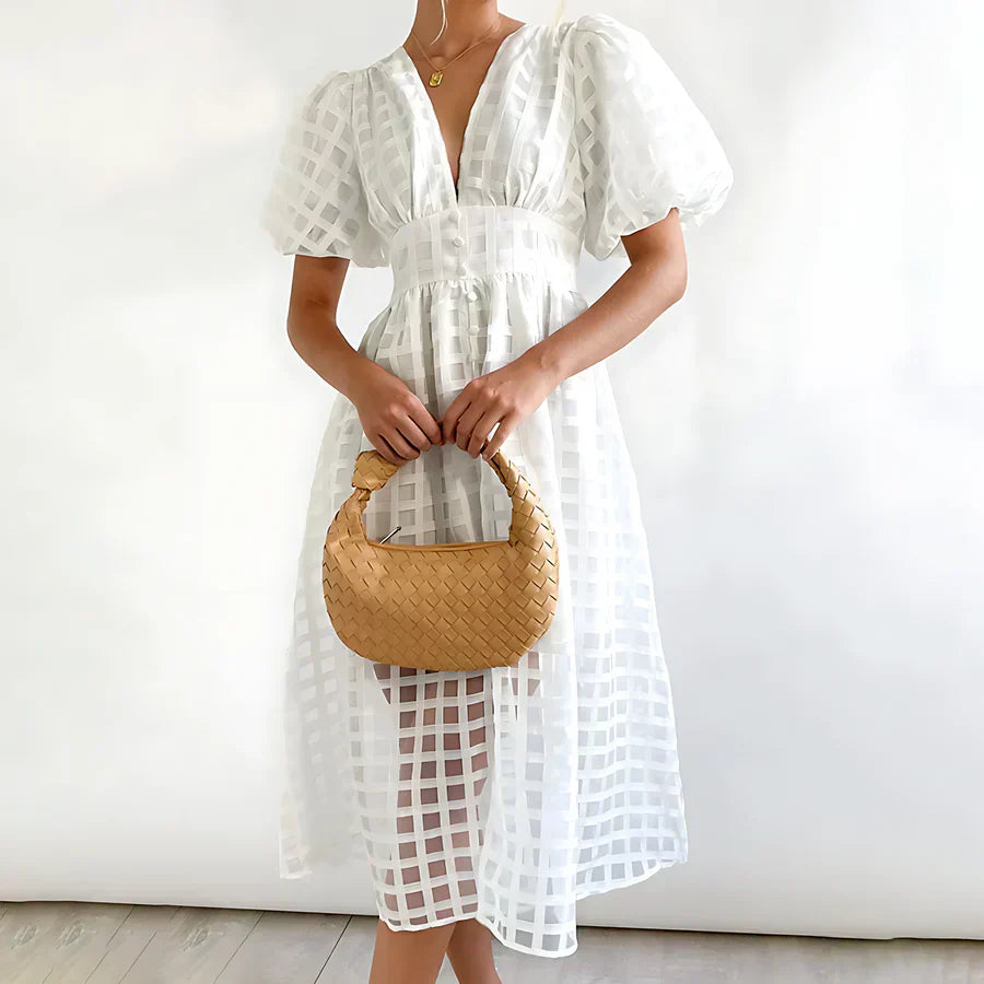Cindy - Klassieke midi-jurk met patroon en pofmouwen