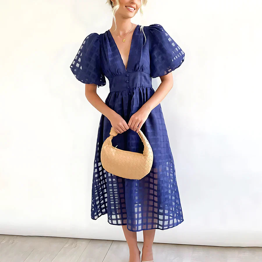 Cindy - Klassieke midi-jurk met patroon en pofmouwen