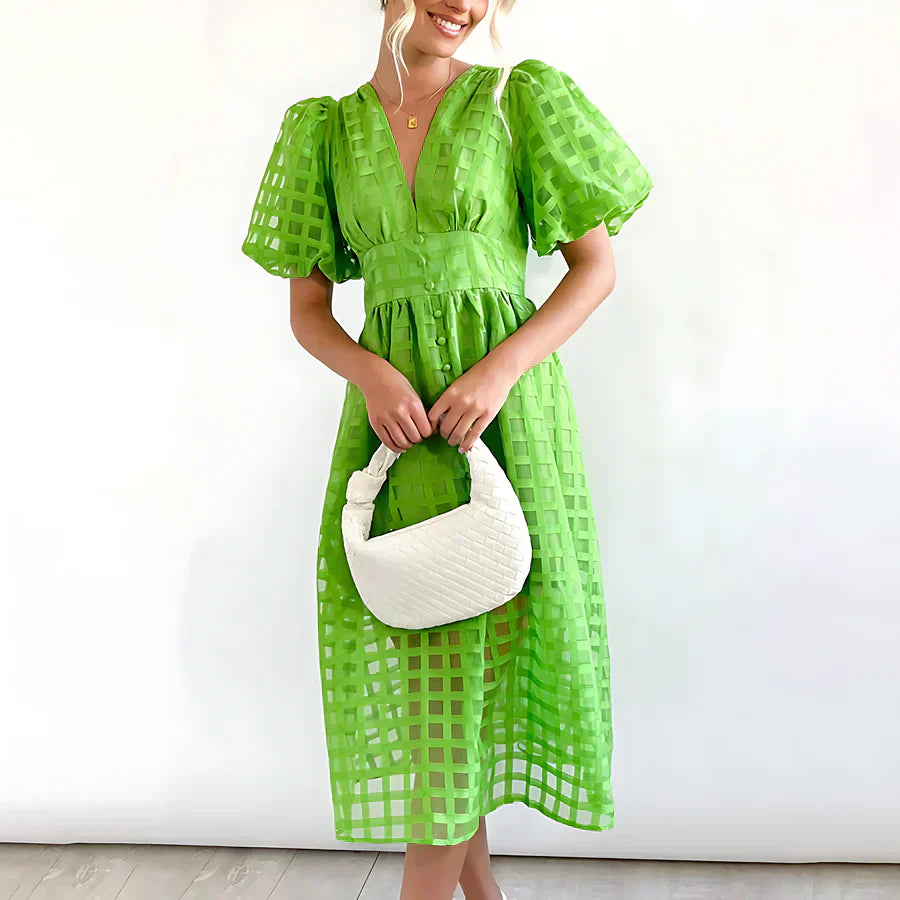 Cindy - Klassieke midi-jurk met patroon en pofmouwen