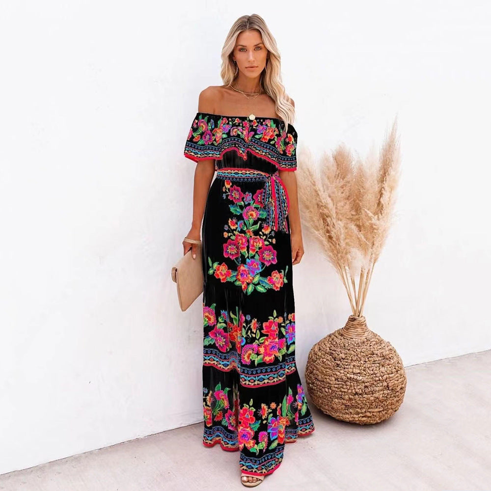 Oceana - Lange jurk met print en vetersluiting in de taille