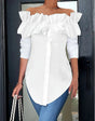 Effenkleurige blouse met één schouder en ruches