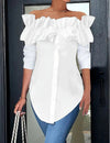 Effenkleurige blouse met één schouder en ruches