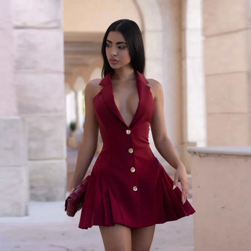 Luna mini-jurk met plooien en halternek