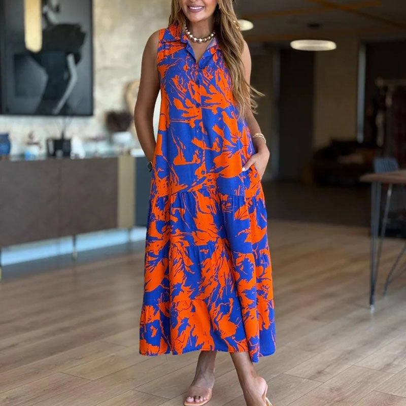 Jurk met plooien en zakken in Serenity-print