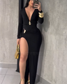 Elegante, nauwsluitende maxi-jurk met diepe V-hals, lange mouwen en plooien