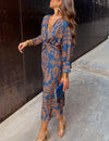 Janella - Vintage gedrapeerde midi-jurk met lange mouwen